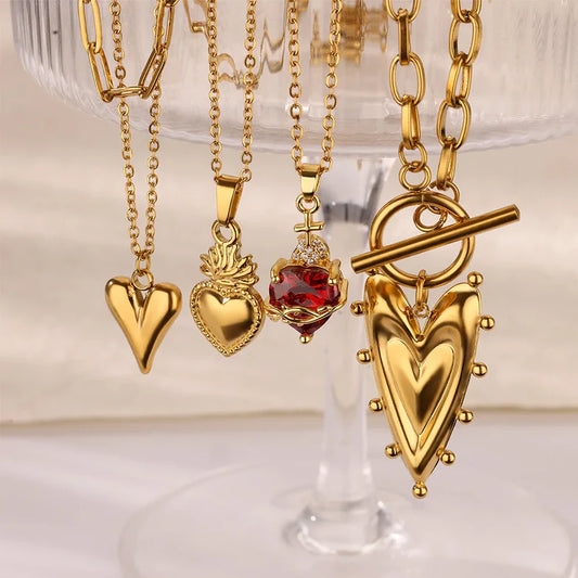 Punk Gold Heart Pendant Necklace for Women